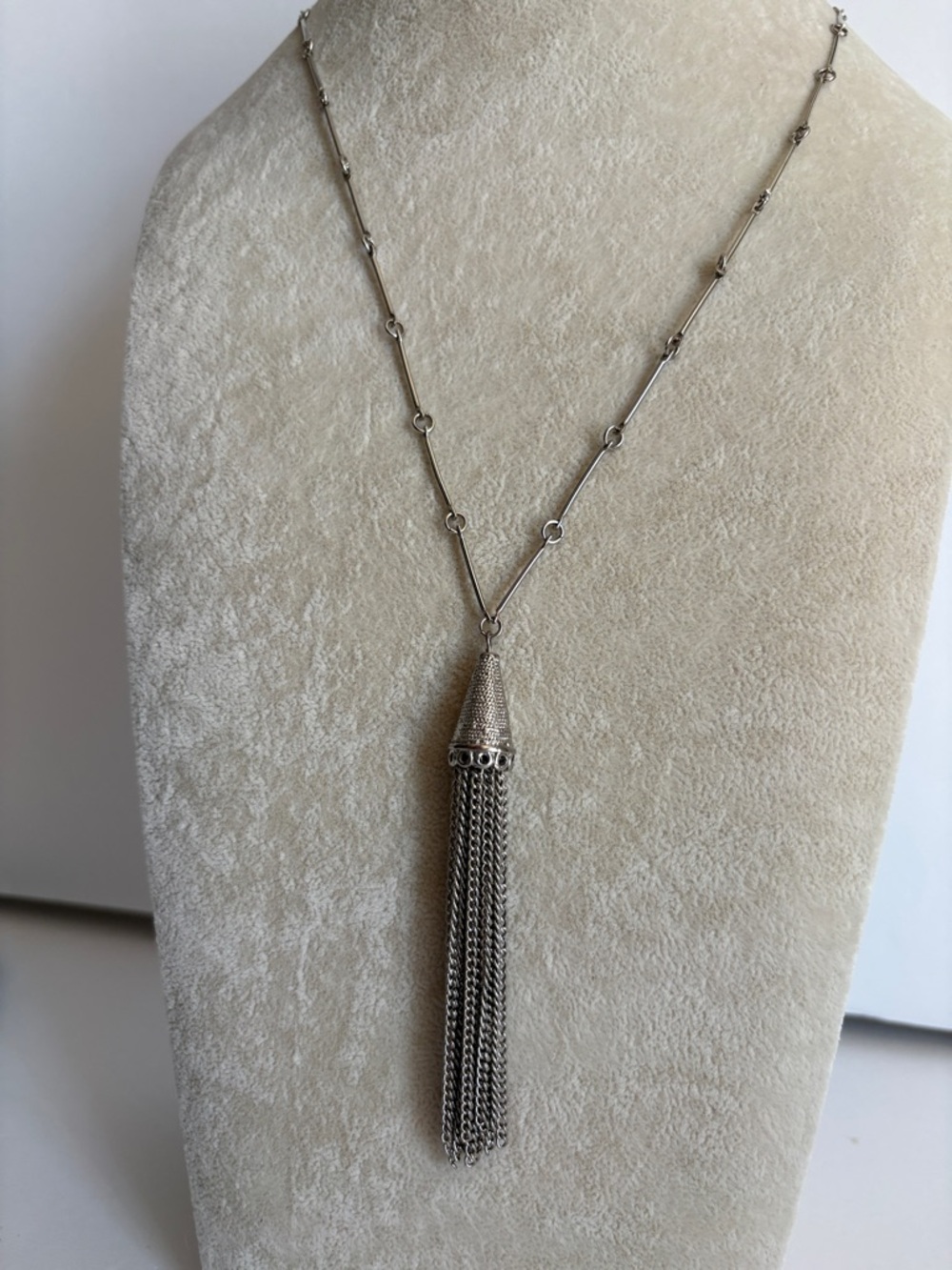 Silver Tassel Necklace Long Bar Chain 26” Minimalist Modern Statement Pendant
